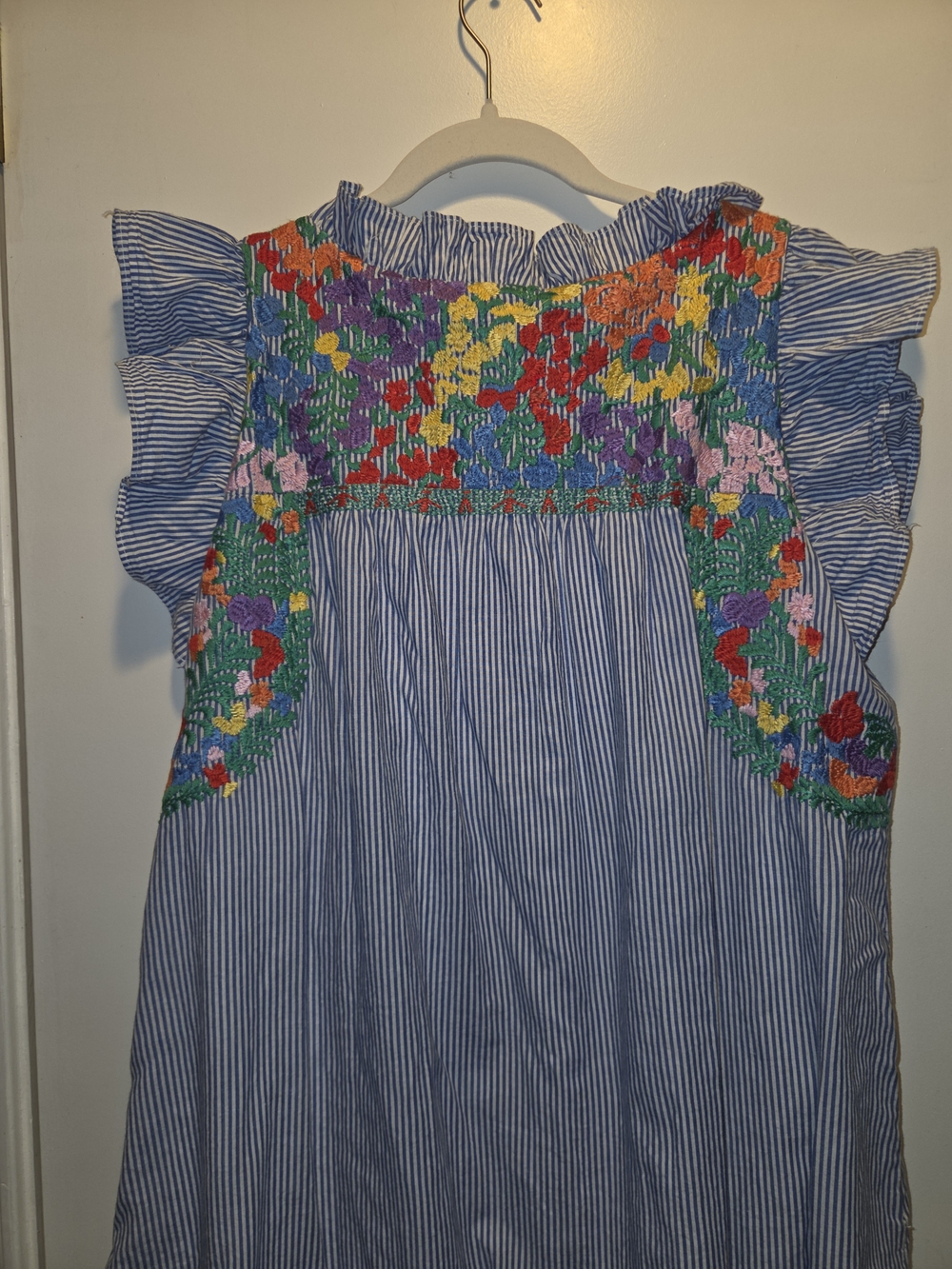 Blue Pinstripe Casual Midi Dress with Multicolor Floral Smocking - Picture 9 of 13
